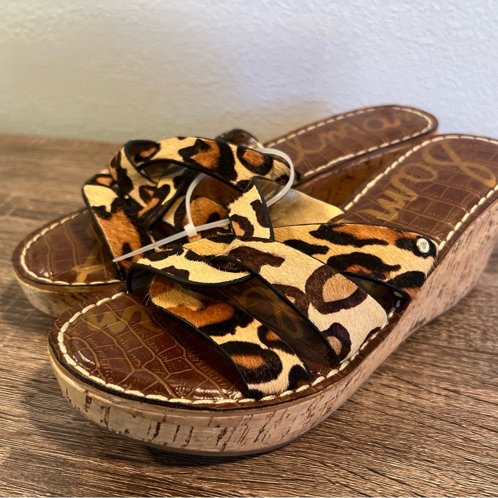 Sam Edelman Sandals Cork Leopard Print Calf Hair Wedge Size 8.5